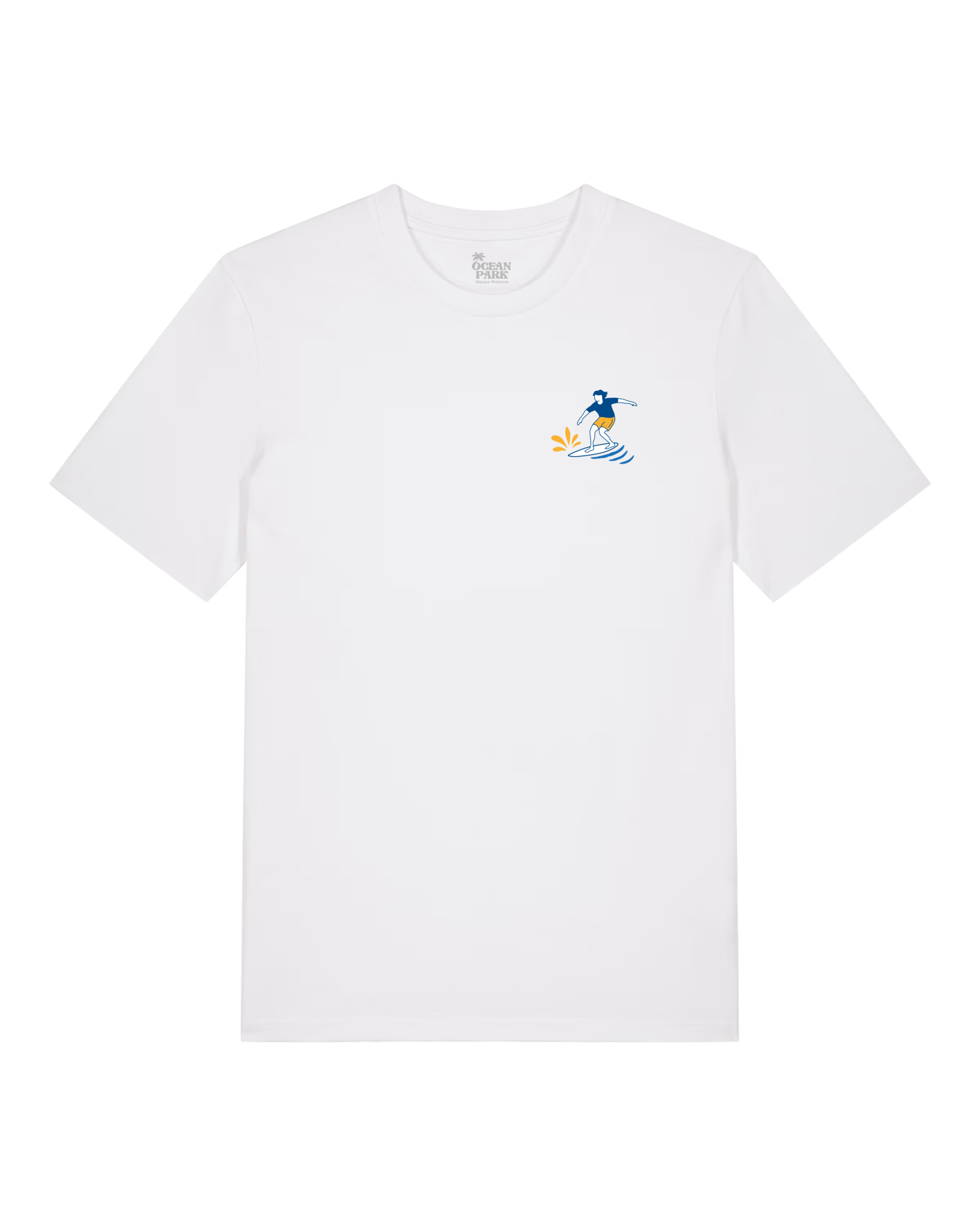T-shirt blanc à manches courtes avec une petite illustration sur la poitrine représentant un surfeur sur une vague avec des éclats d'eau orange et bleus.
