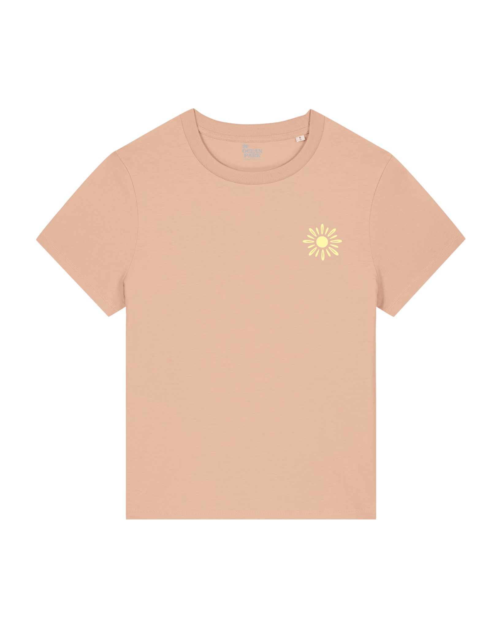 T-shirt à manches courtes de couleur pêche présenté à plat, arborant une petite illustration de soleil jaune pâle stylisée sur le côté gauche de la poitrine.