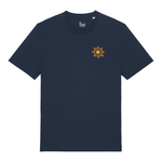 T-shirt bleu marine Ocean Park pour homme, design épuré avec motif soleil orange, coton de qualité, style décontracté bord de mer.