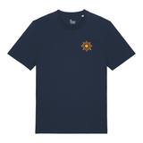 T-shirt bleu marine Ocean Park pour homme, design épuré avec motif soleil orange, coton de qualité, style décontracté bord de mer.