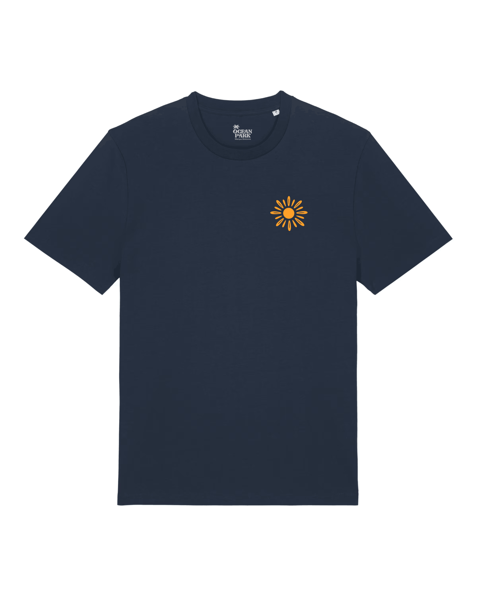 T-shirt bleu marine Ocean Park pour homme, design épuré avec motif soleil orange, coton de qualité, style décontracté bord de mer.