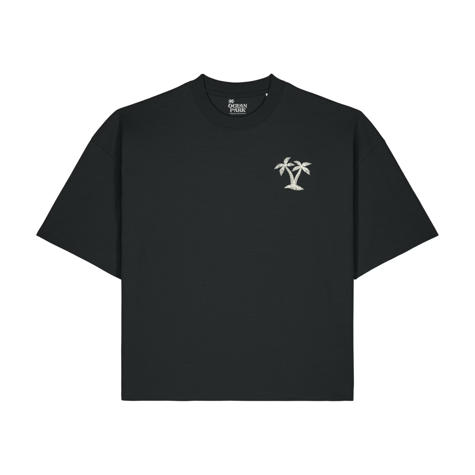 T-shirt noir large Ocean Park modèle Hypster pour femme, petit logo palmier contrasté, style urbain et décontracté.