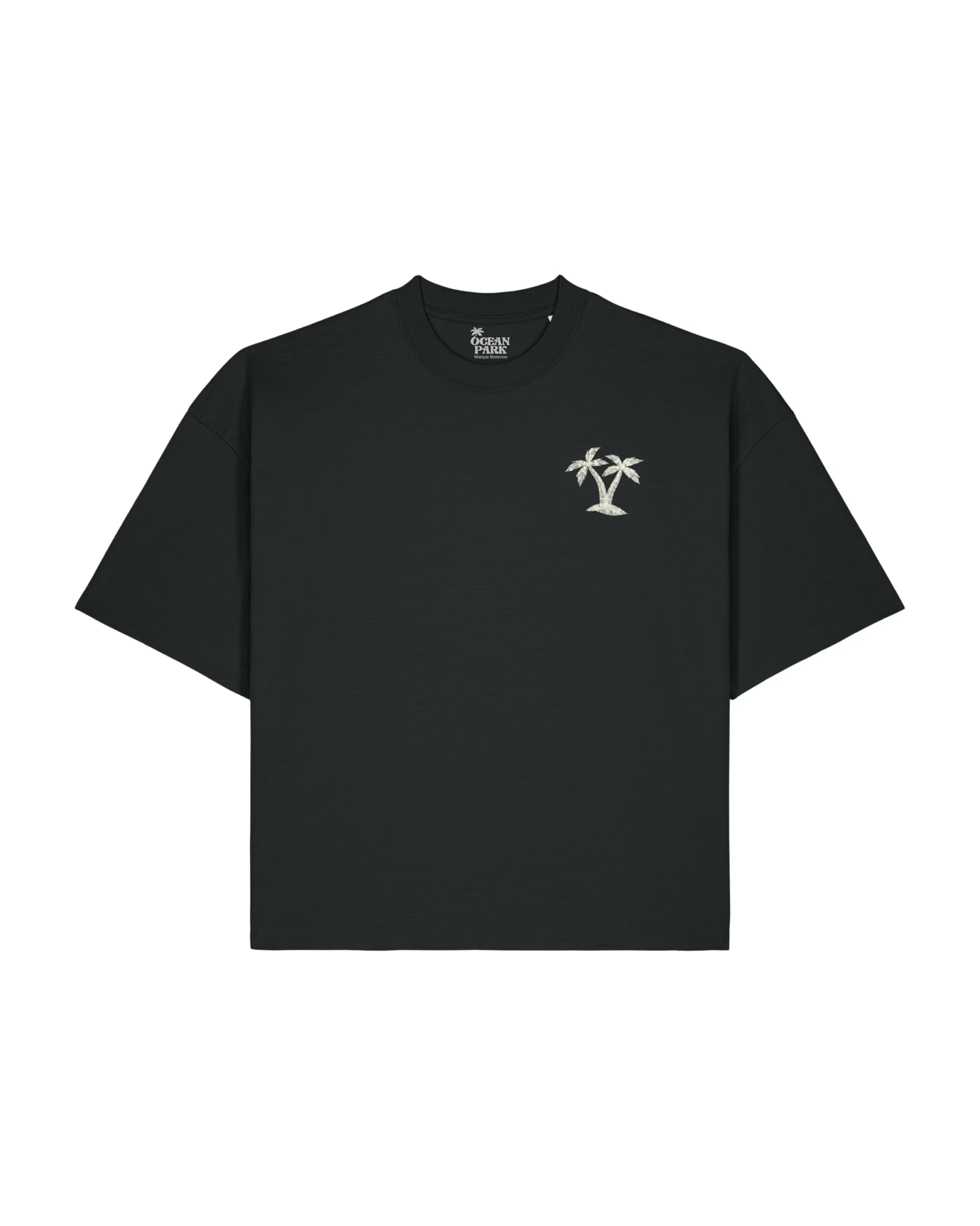 T-shirt noir large Ocean Park modèle Hypster pour femme, petit logo palmier contrasté, style urbain et décontracté.
